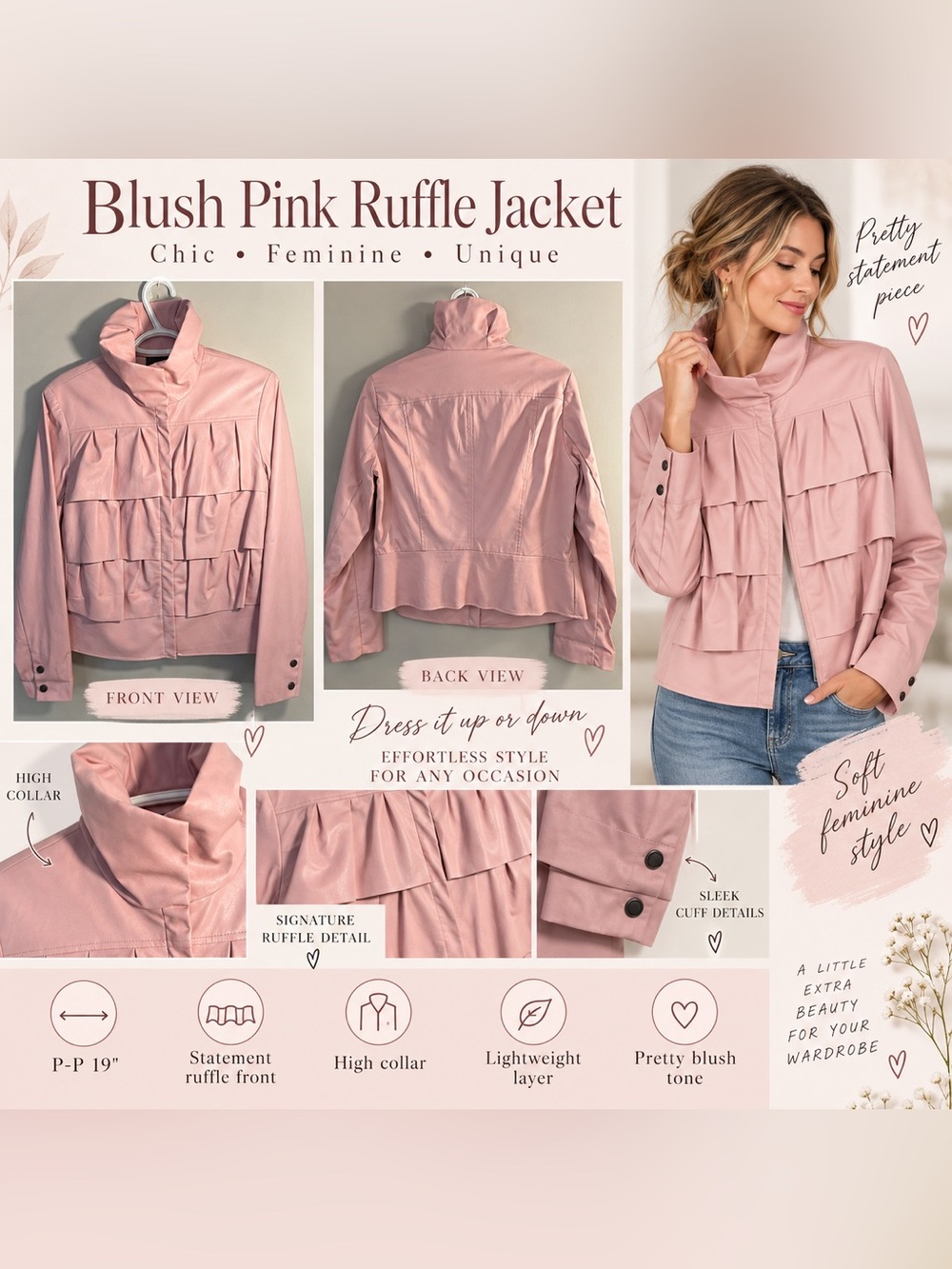 Blush Pink Ruffle Jacket - Women’s High Collar Lightweight Coat